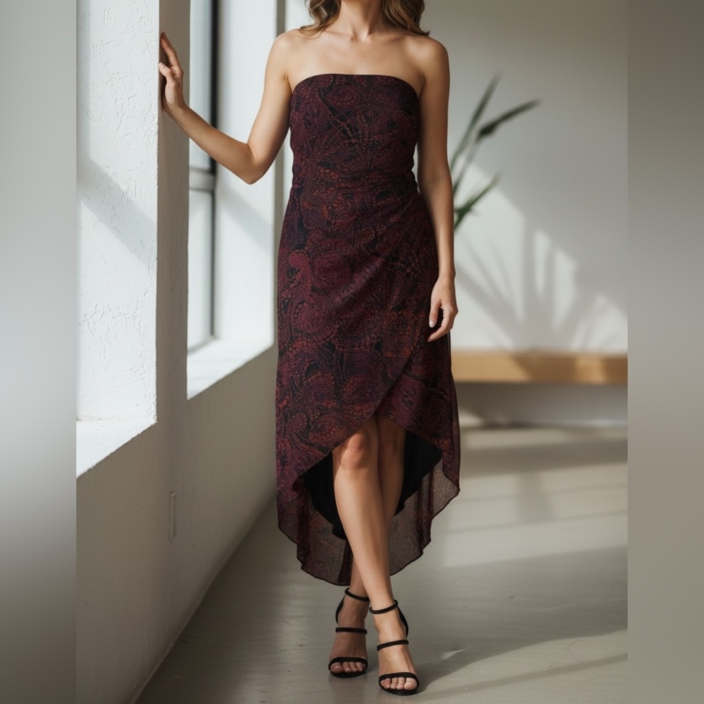 Strapless Burgundy Paisley High-Low Dress